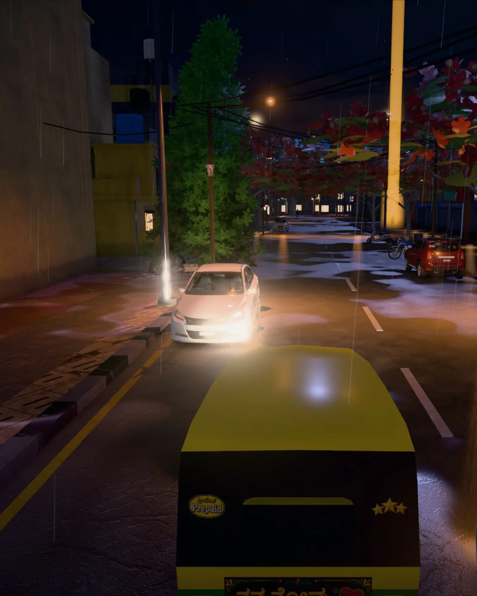 In-game still: an auto on a wet night road.