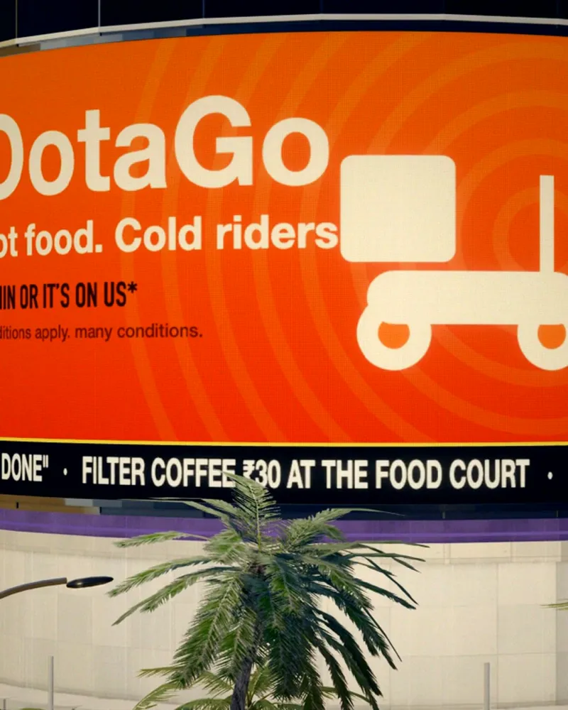 A parody food-delivery ad on a mall’s round screen.